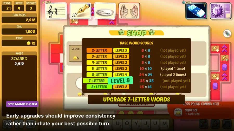Beyond Words upgrade screen showing skill and letter modifier choices