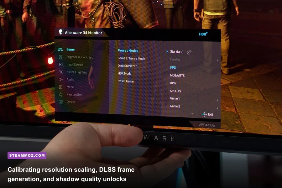 Detailed in-game graphics settings menu displayed on an ultra-sharp gaming monitor
