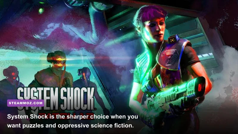System Shock remake gameplay inside Citadel Station against SHODAN's forces