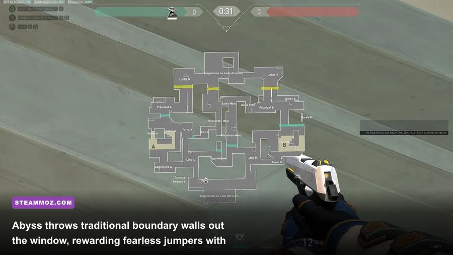 The sheer drops and hidden structural ledges of Abyss map