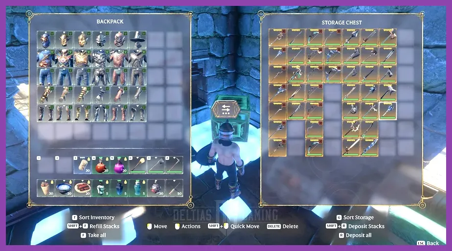Player inventory showcasing legendary weapons including Nova sword and Helix wand in Enshrouded
