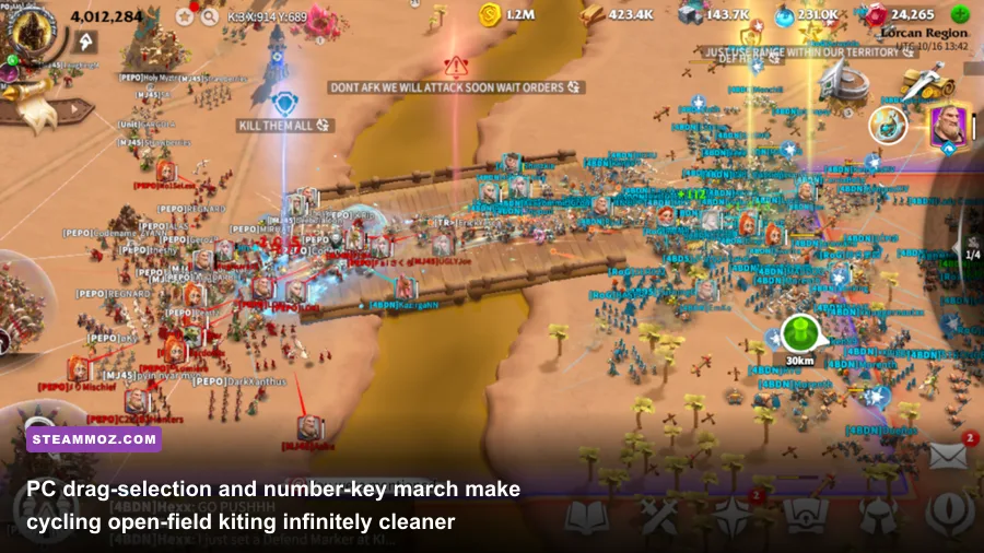 Rise of Kingdoms open-field combat with multiple troop marches clashing near an alliance pass
