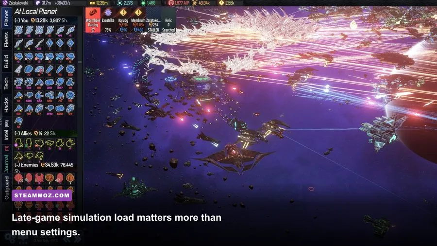 AI War 2 late-game galaxy crowded with fleets, stations, and combat effects