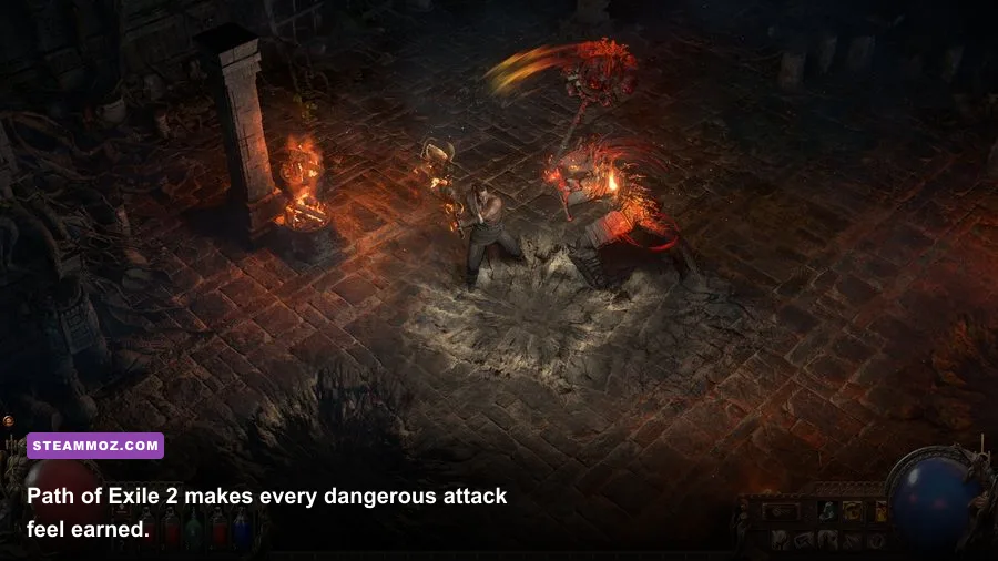Path of Exile 2 hero dodging a boss attack during a demanding fight