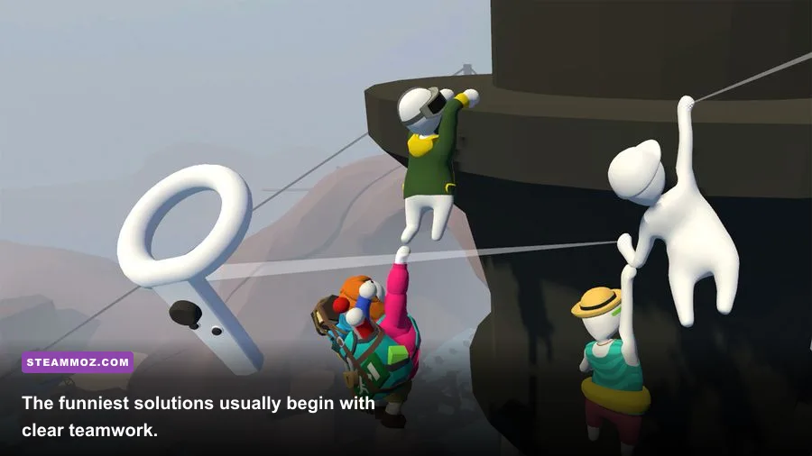 Human Fall Flat VR players cooperating to move a heavy puzzle object