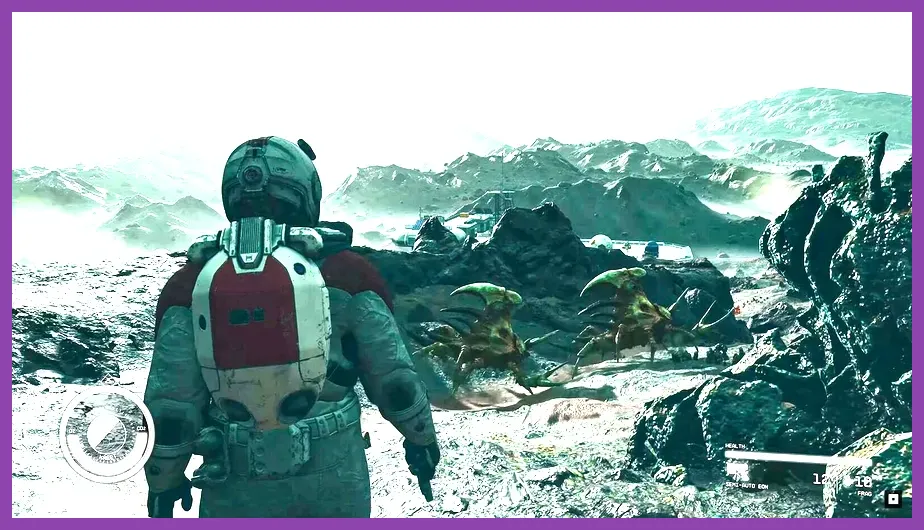 A solo player character exploring an alien planet surface in Starfield