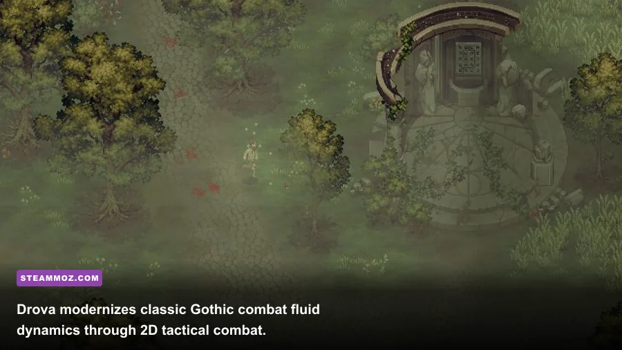 Top-down 2D pixel art combat in the atmospheric world of Drova Forsaken Kin
