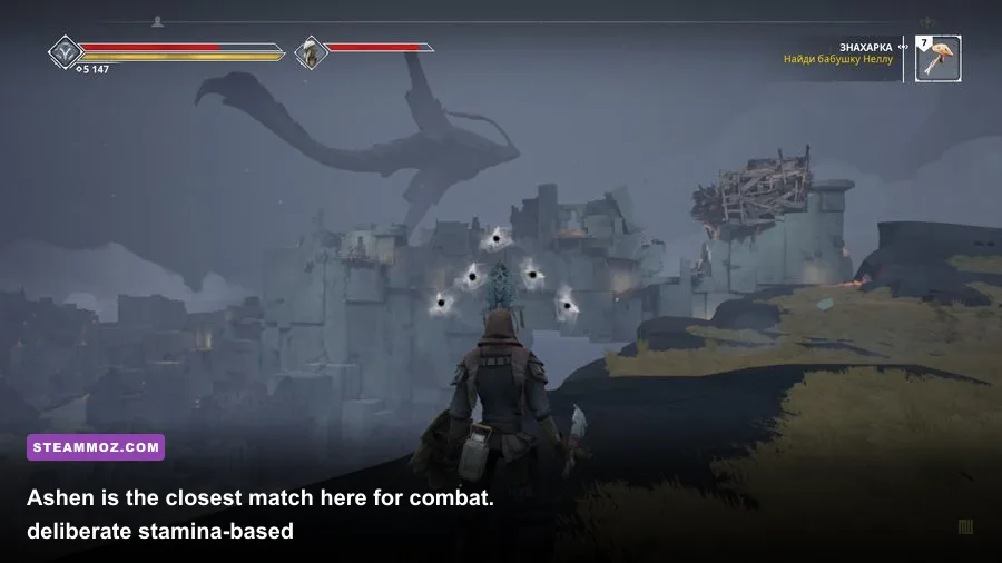 Ashen warrior fighting a dark fantasy enemy in a bleak environment