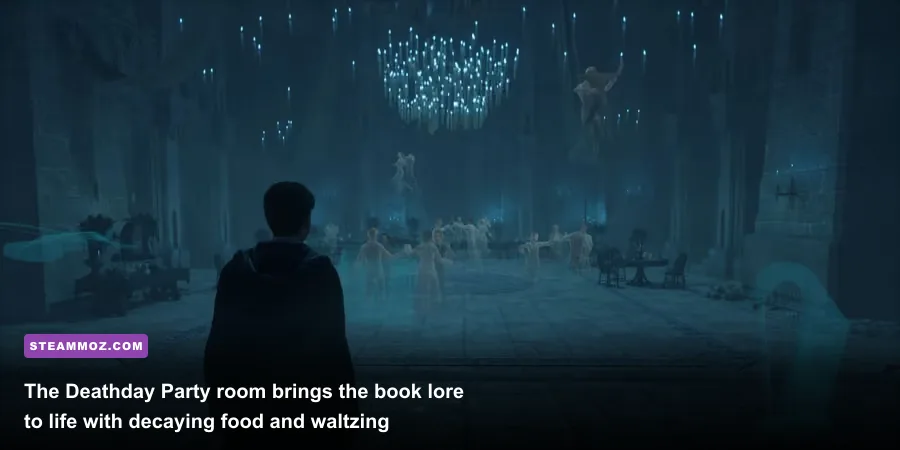Spectral ghosts dancing in the cold blue-lit Deathday party room in the Slytherin dungeons