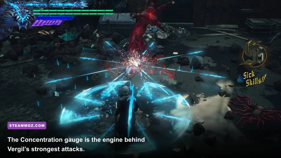 Vergil Concentration gauge and Devil Trigger visible during combat