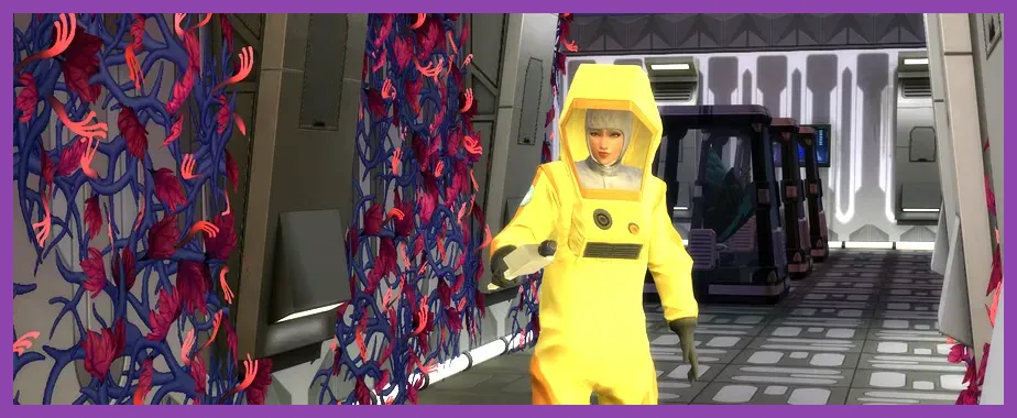The Sims 4 StrangerVille hazmat suit protecting a Sim from spores
