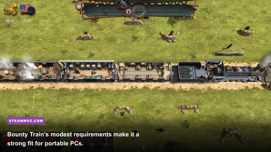 Bounty Train running on a portable gaming PC with a locomotive management screen