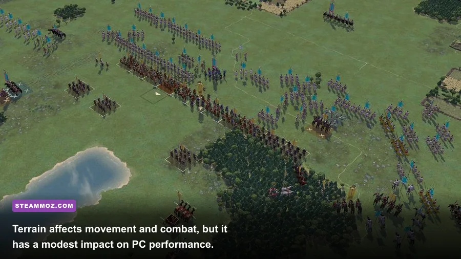 Field of Glory II battlefield featuring hills forests and rivers