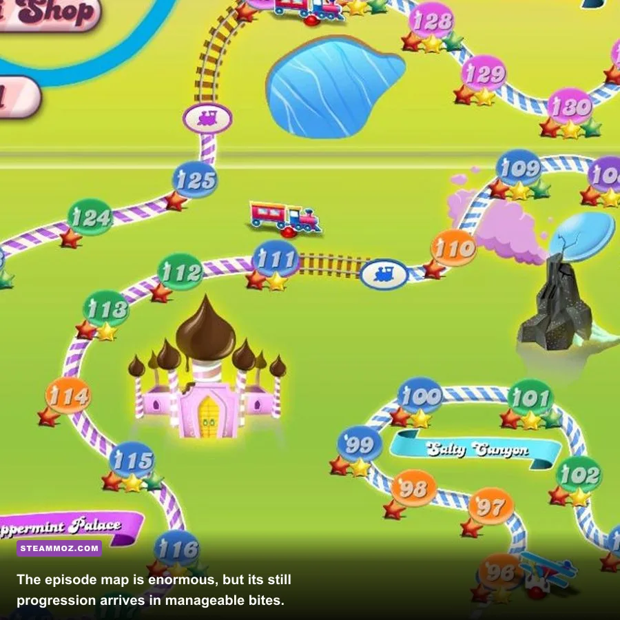Candy Crush Saga level map showing the long progression through themed puzzle episodes