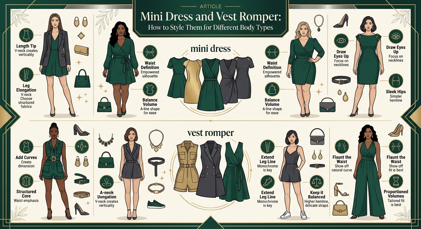 Mini dress and vest romper styled for different body types