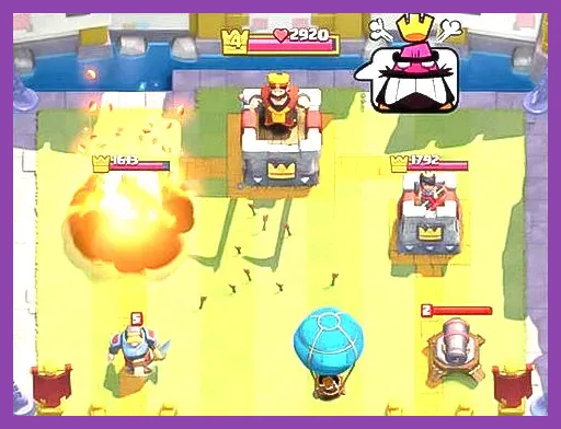 Clash Royale Fireball spell hitting tower and support troops at the bridge