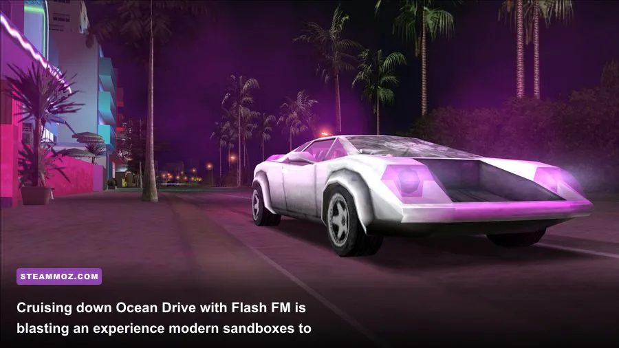 An Infernus sports car cruising down Ocean Drive alongside swaying palm trees in GTA Vice City
