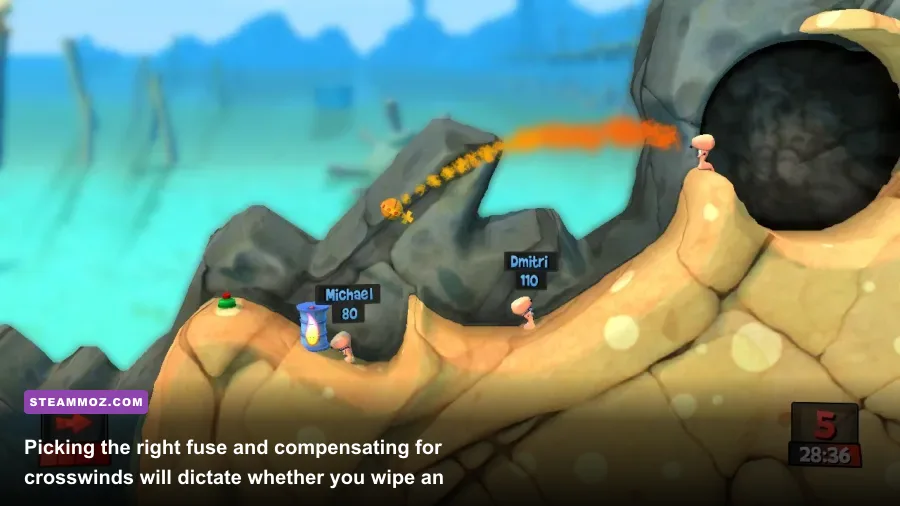 Weapon inventory grid open in Worms Reloaded displaying explosive and tactical utilities