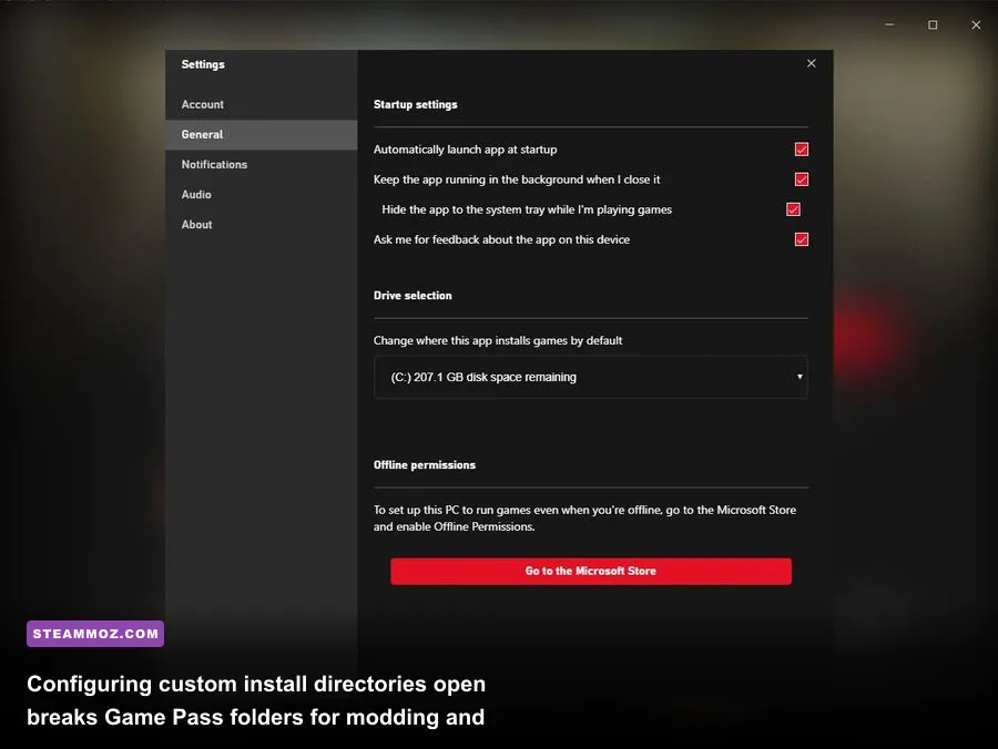 Windows Xbox App advanced installation options menu showing custom drive selection