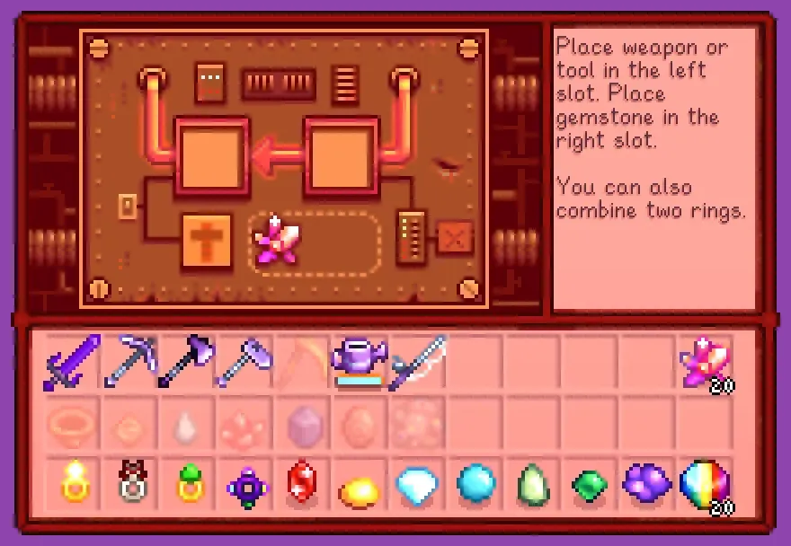 Stardew Valley forge interface applying defensive enchantments to weapon