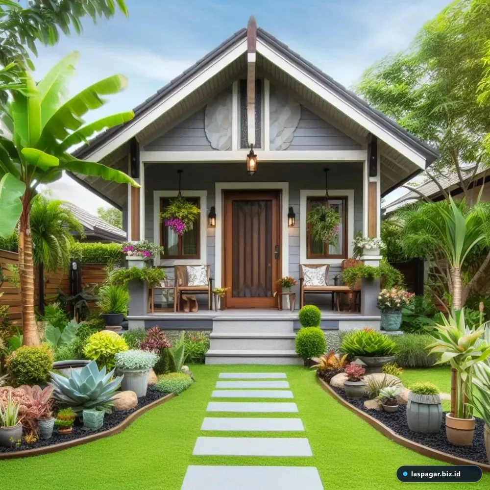 inspirasi taman depan rumah minimalis hemat biaya dengan tanaman pot dan material daur ulang