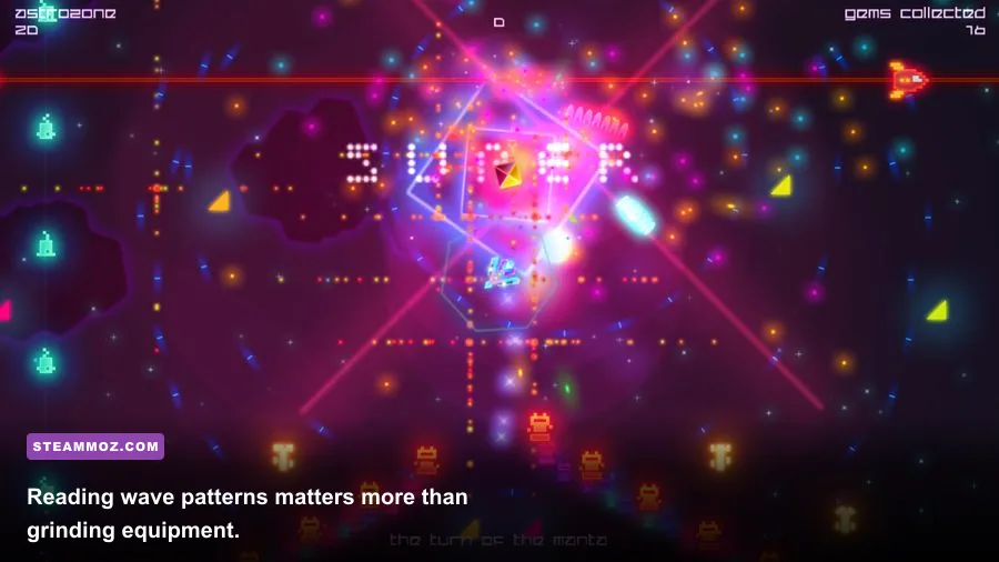 Death Ray Manta enemy waves and neon hazards during an arcade stage
