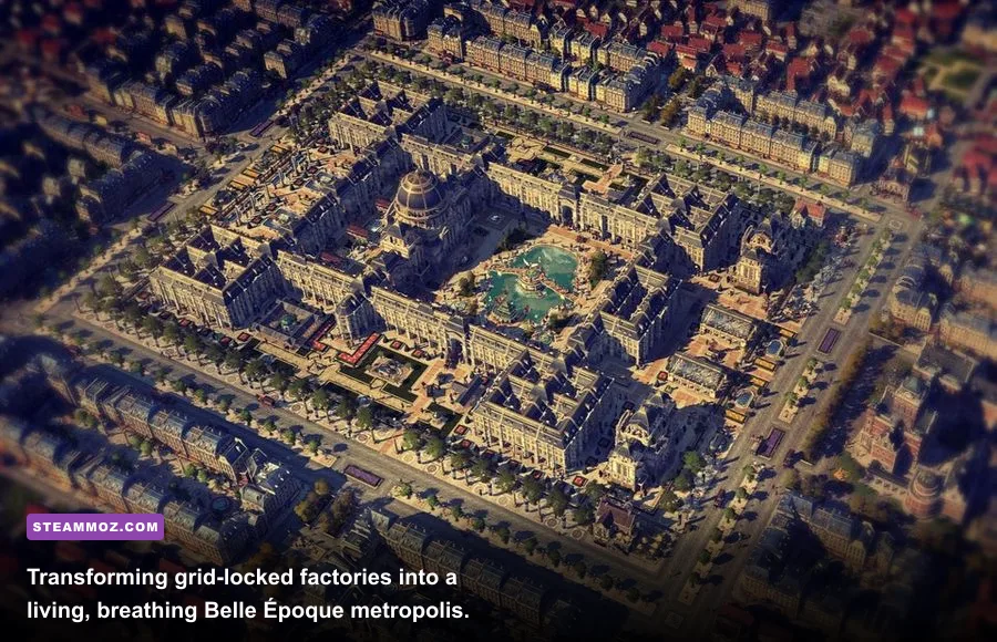 A detailed aesthetic European city in Anno 1800 showcasing decorative street furniture and parks