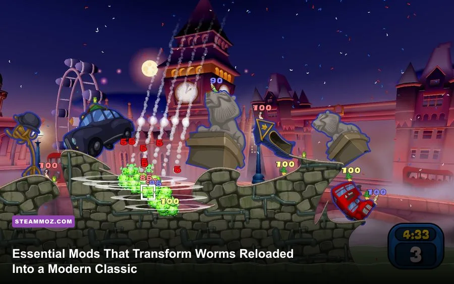 Worms Reloaded artillery combat explosion on destructible terrain