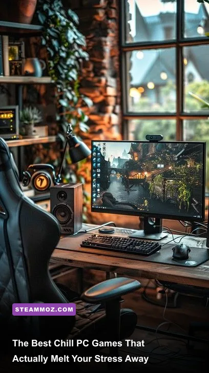 A cozy PC gaming setup showcasing relaxing indie games after work