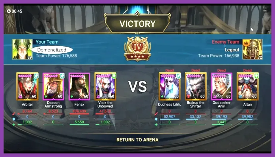 Deacon Armstrong leading an early game Arena team in Raid Shadow Legends