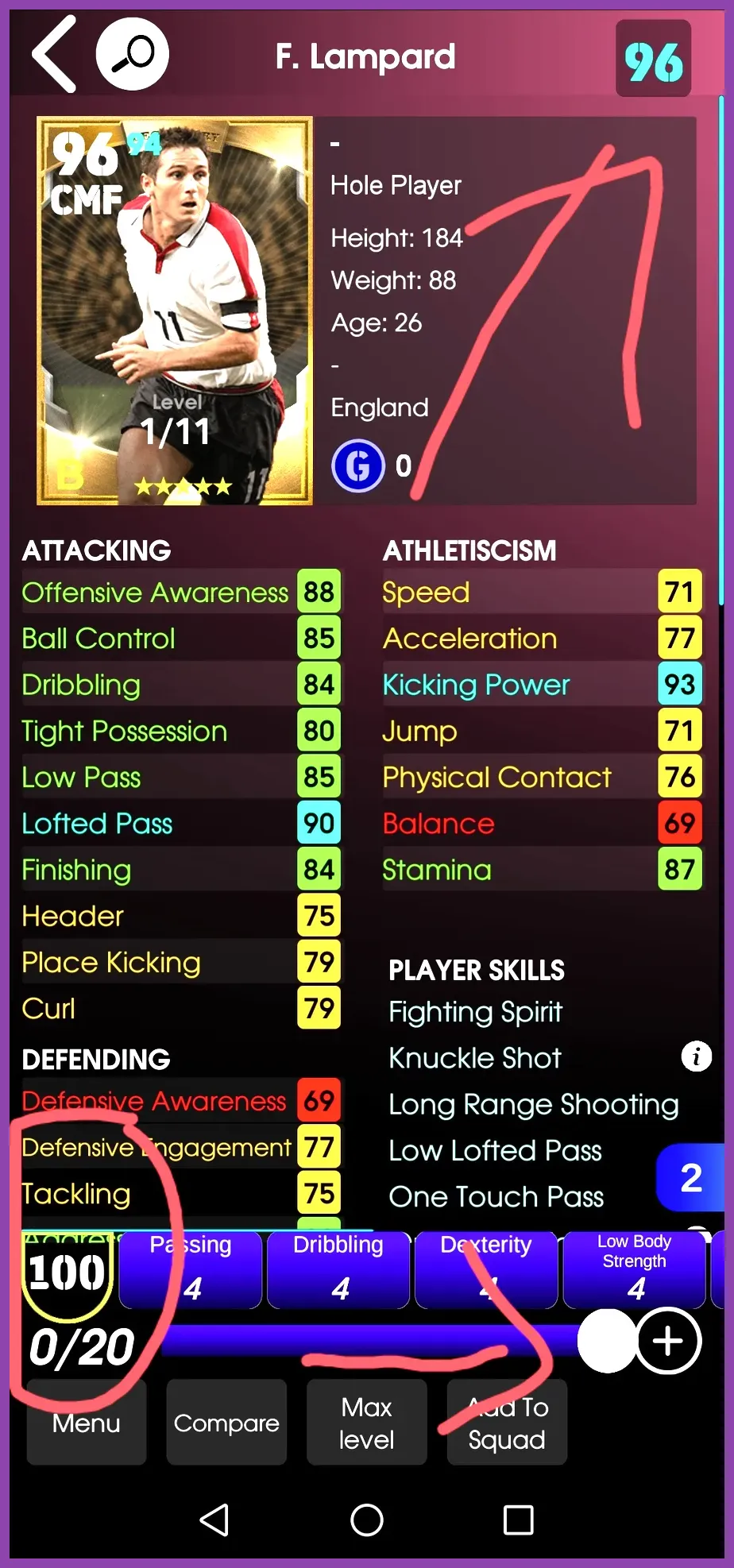 EFootball Mobile player progression screen showing development points and player skills