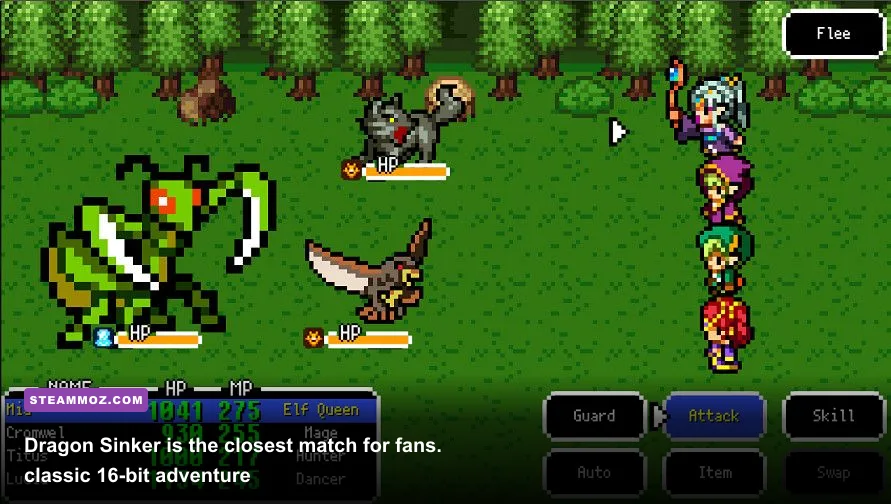 Dragon Sinker pixel art heroes fighting in a turn-based JRPG battle