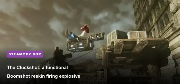 Gears of War 3 player holding the Cluckshot chicken weapon during combat