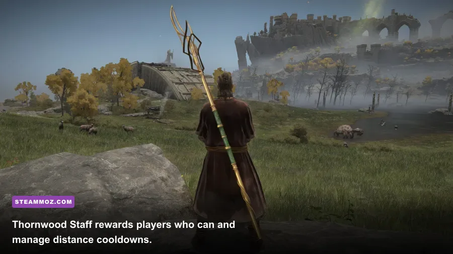 ELF character using Thornwood Staff area magic against enemies