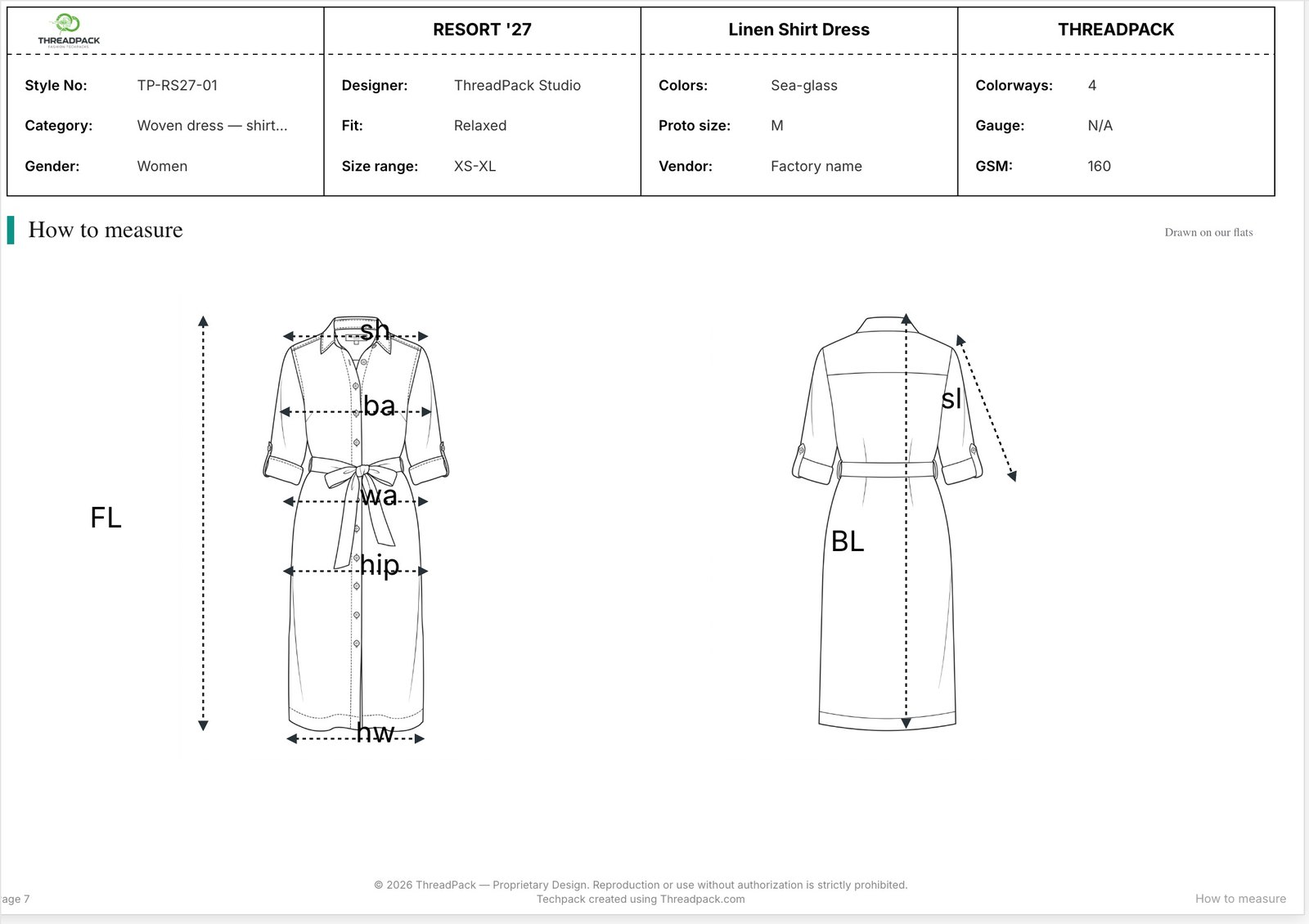 Tech pack page 7: how-to-measure guide with arrows on the flats