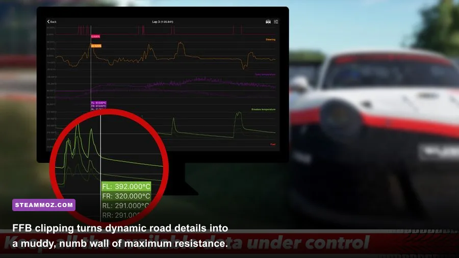 In-game telemetry bar showing force feedback signal clipping in a PC racing simulator