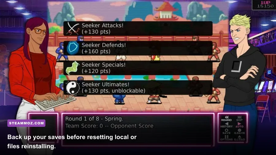 Arcade Spirits save-game scene with arcade employees on PC