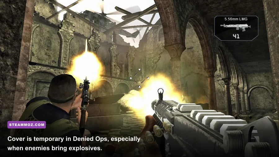 Conflict Denied Ops gameplay showing destructible cover and a breached wall