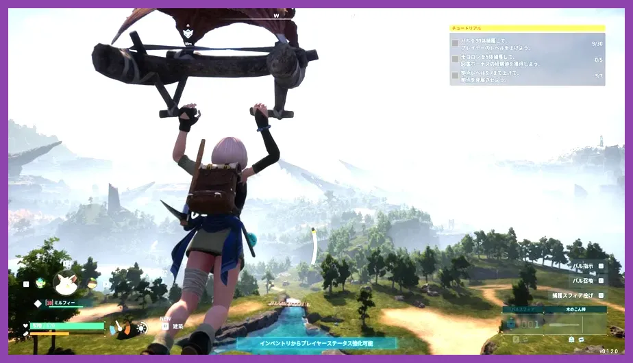 Player combining the Grappling Gun and Parachute for fast traversal in Palworld