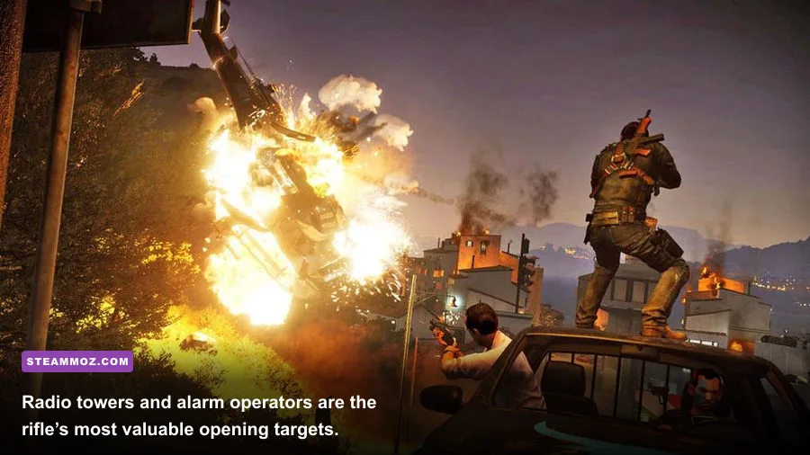 Final Argument sniper rifle used against an enemy outpost in Just Cause 3