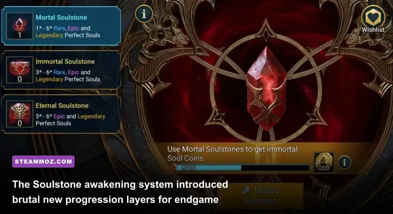 Altar of Souls interface displaying champion awakening blessings and soulstones