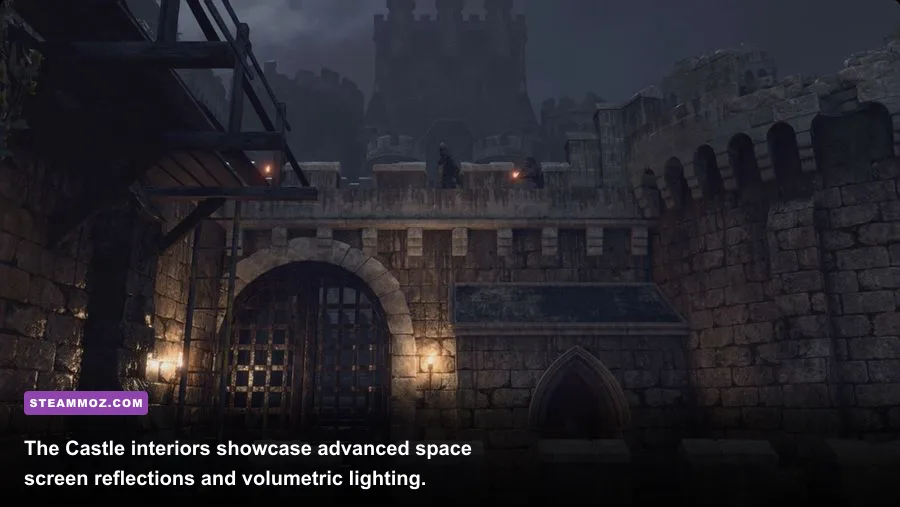 Atmospheric lighting and reflections inside the Castle Water Hall in Resident Evil 4 Remake
