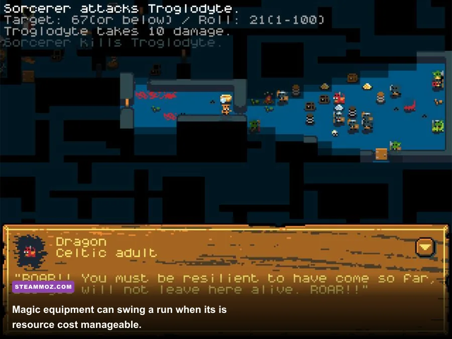 Hack Slash Loot wizard using a magic staff in a dungeon