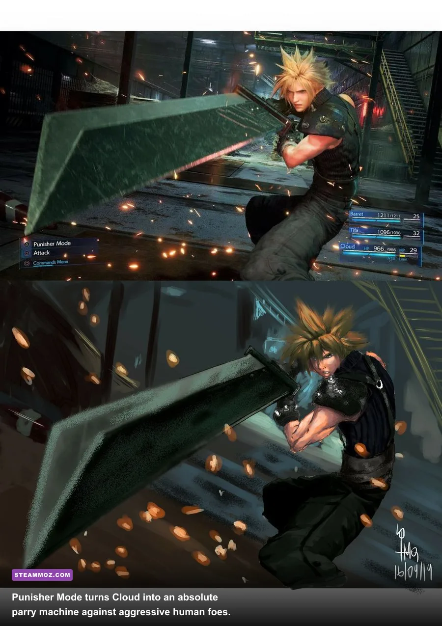 Cloud Strife executing a Punisher Mode melee counter in Final Fantasy 7 Remake