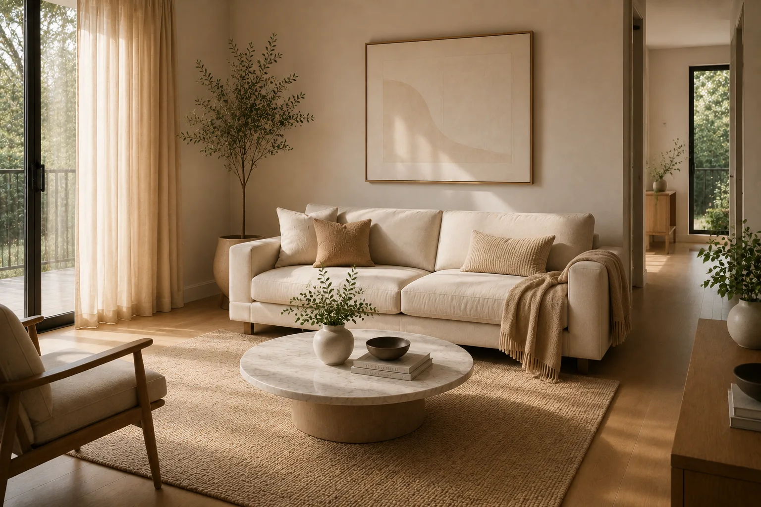 Round coffee table in a modern living room creating an easy walking flow and curved traffic lane