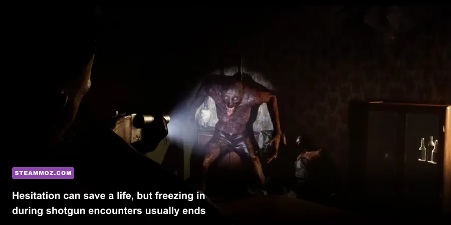 A monstrous creature stalking counselors inside a dilapidated cabin in The Quarry