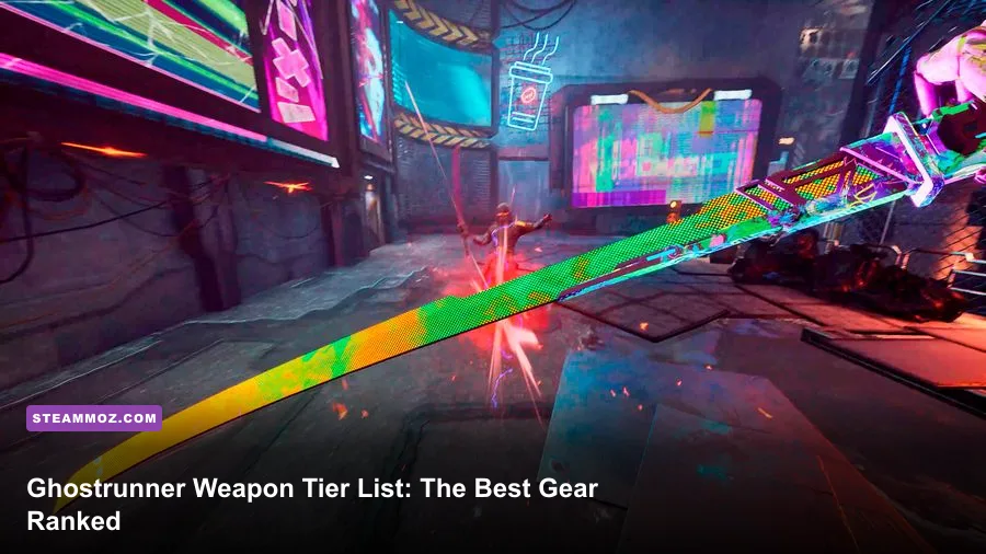 Ghostrunner protagonist Jack holding his sword inside Dharma Tower