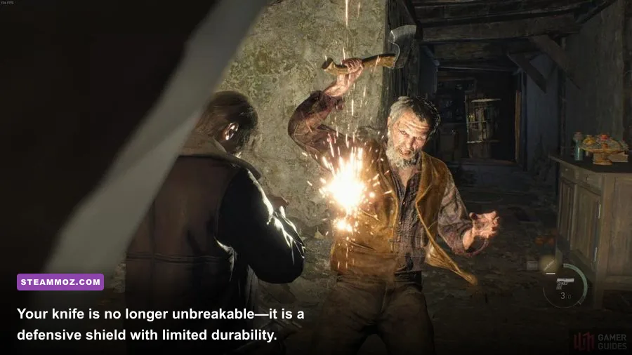 Leon Kennedy parrying a chainsaw attack with his combat knife in Resident Evil 4 Remake