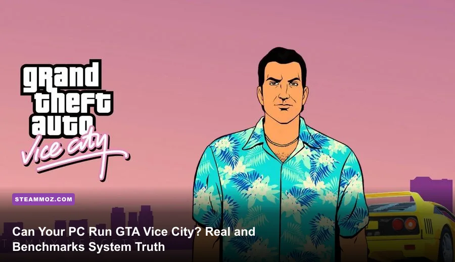 Tommy Vercetti cruising down Ocean Drive in Grand Theft Auto Vice City with neon lights and palm trees