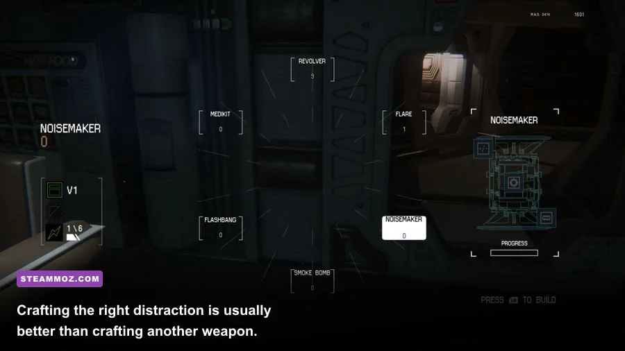 Alien Isolation crafting menu showing medkit noisemaker and EMP recipes